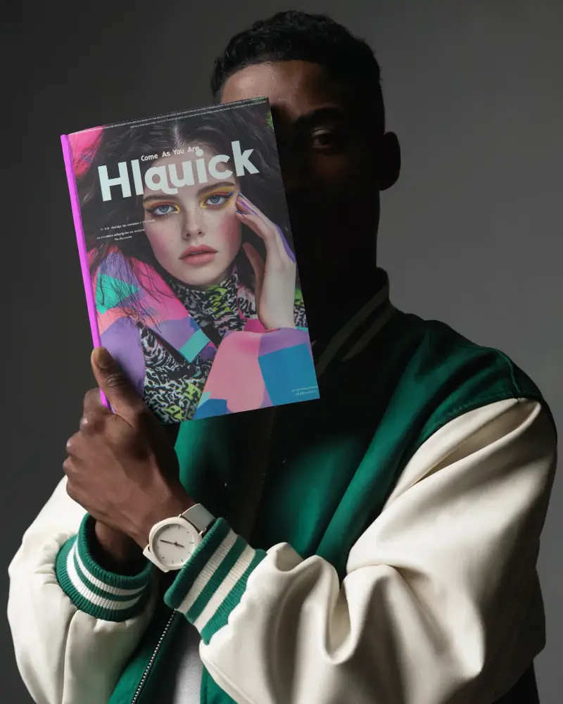 Male Model Holding Blank Magazine Mockup In Dark Portrait Lighting For Modern Fashion Editorial