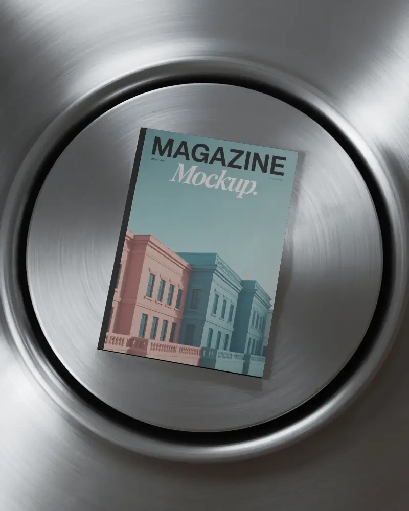 Metallic Circular Texture Background Magazine Mockup Top View With Minimal Industrial Aesthetic