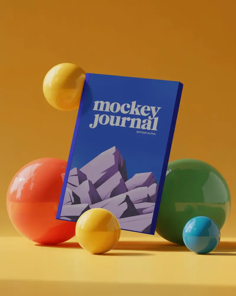 Bold Yellow Studio Magazine Mockup Surrounded By Colorful Spheres Modern Creative Composition