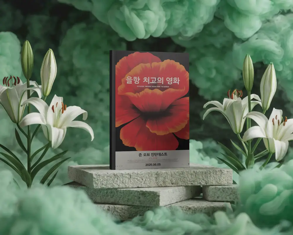 Floral Smoke Studio Magazine Mockup On Stone Pedestal With Cinematic Green Atmosphere Style