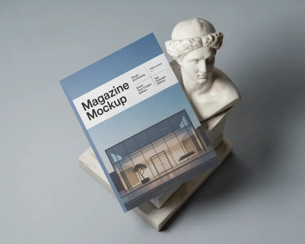 Minimal Marble Bust Magazine Mockup Angled On Classical Sculpture With Soft Gallery Lighting