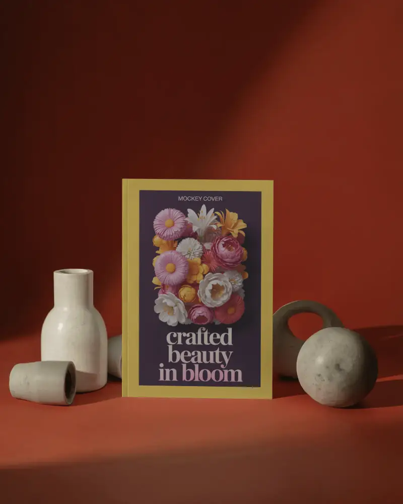 Luxury Red Still Life Magazine Mockup Centered With Ceramic Vases And Dramatic Editorial Shadows