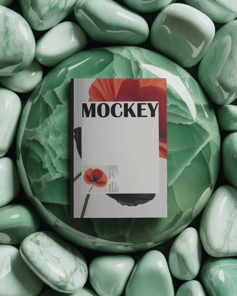 Top View Green Stone Texture Magazine Mockup Framed By Polished Natural Jade Elements