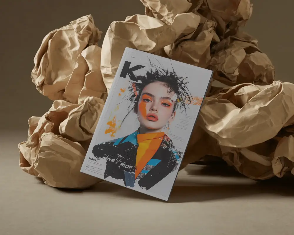 Modern Podium Magazine Mockup On Layered Pastel Platform With Bold Color Block Background