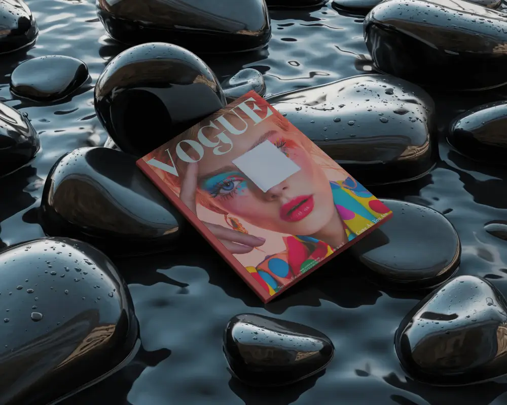 Dark Water Stone Magazine Mockup Floating On Wet Black Pebbles Cinematic Luxury Mood