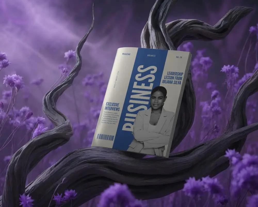 Magazine Mockup With Curved Cover On Twisted Tree Branch In Flower Field Background