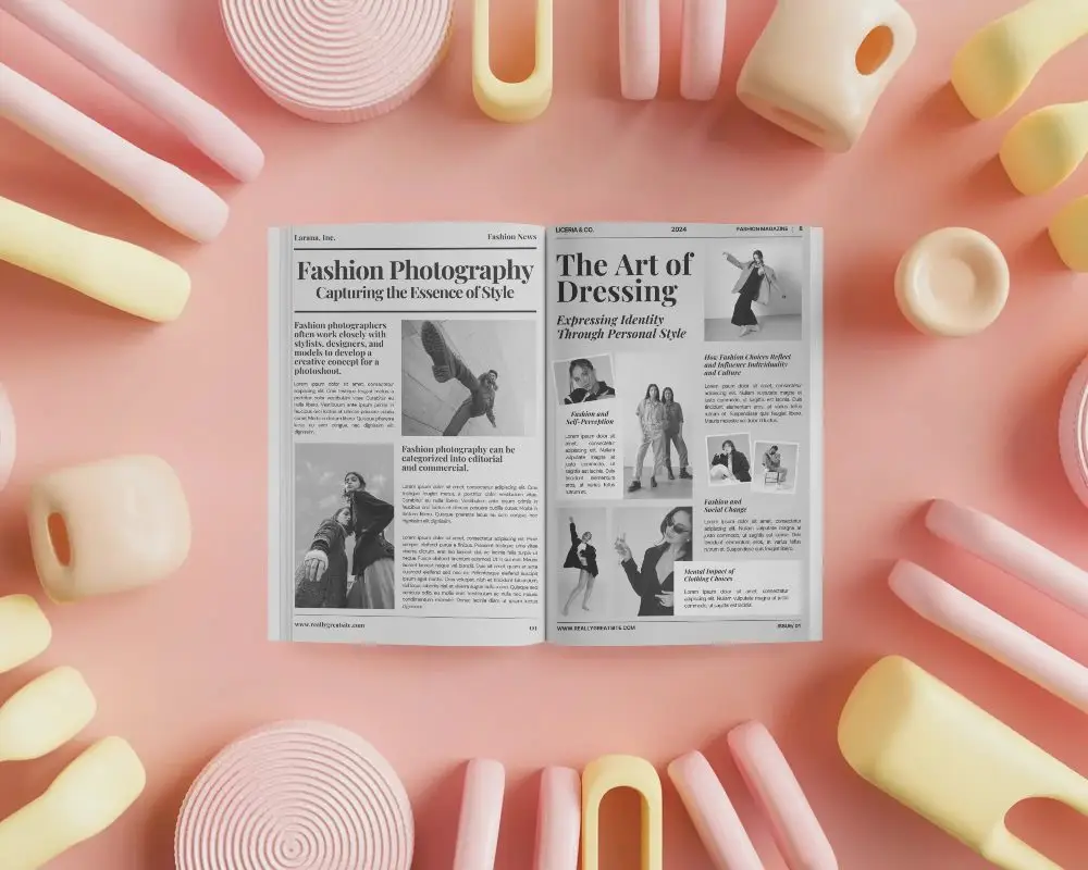 Creative Magazine Mockup With Empty Pages And Abstract Shapes Background For Showcase