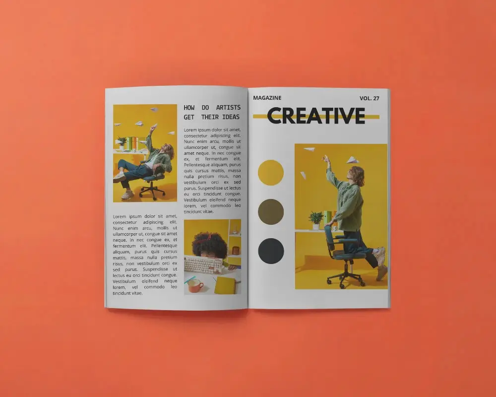 Open Magazine Mockup On A Solid Background For Design Presentation Or Print Layout Display