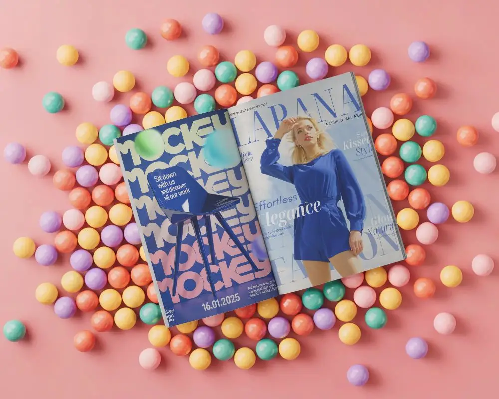Open Magazine Mockup Center Placed Top View With Randomly Arranged Round Decorative Balls