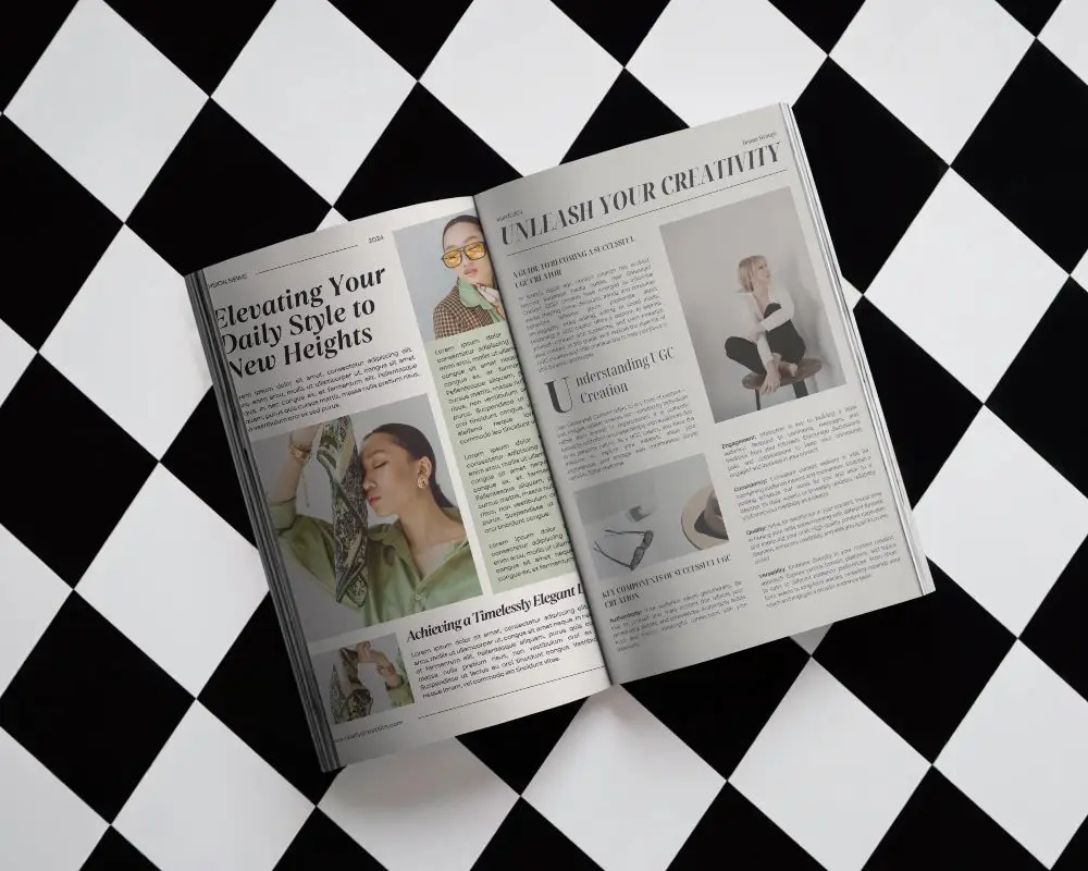 High Quality Open Magazine Mockup Positioned On Stylish Checkered Floor For Presentations