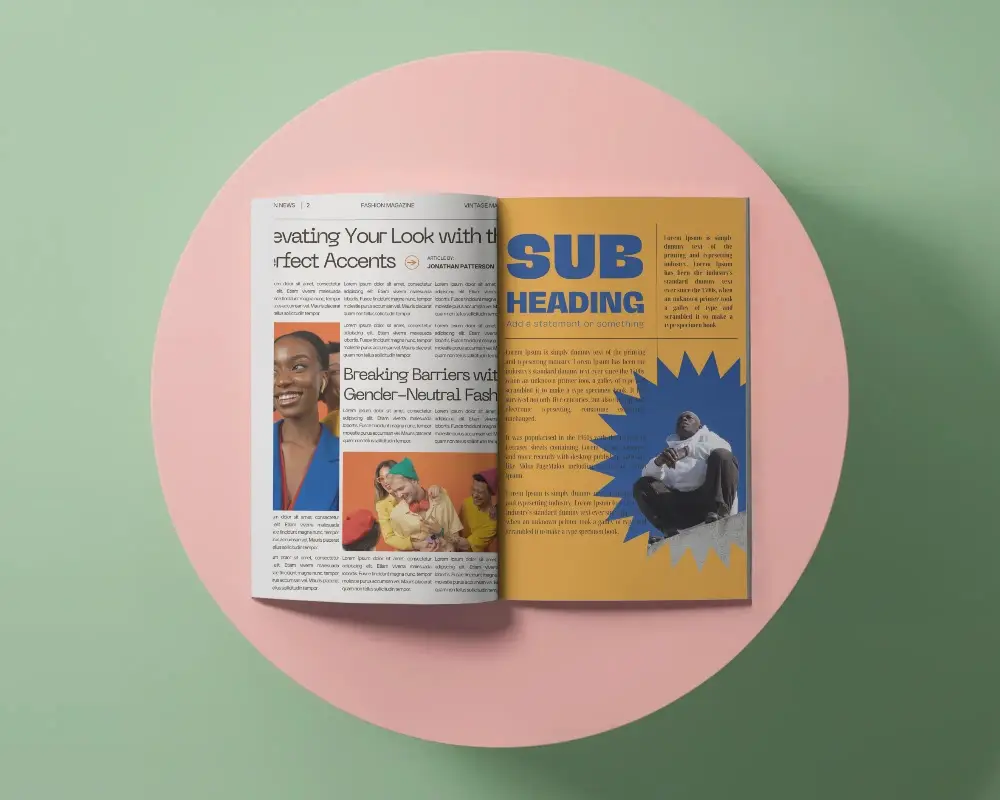 Magazine Mockup Open Pages Flat Lay On Circular Table Background