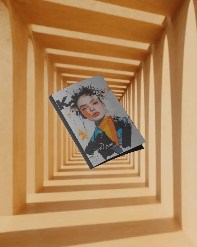 Modern Magazine Mockup Floating In Geometric Three Dimensional Tunnel Background Design