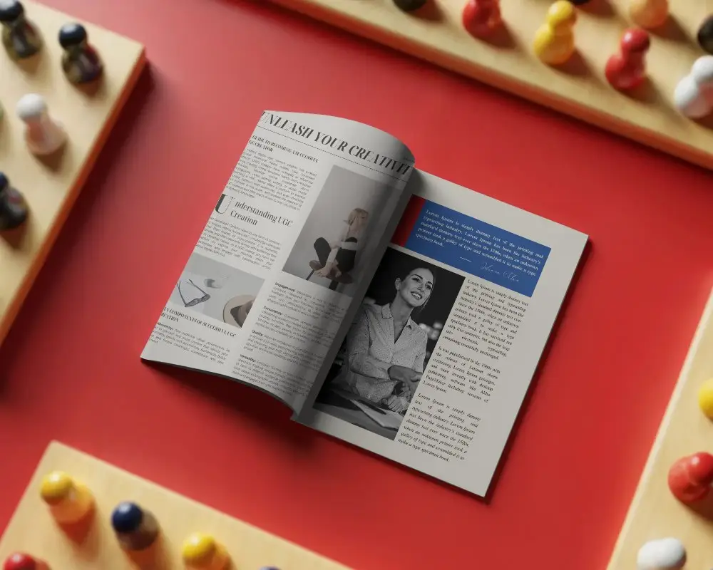Open Magazine Mockup On Tabletop Surrounded By Game Pieces For Design Presentation