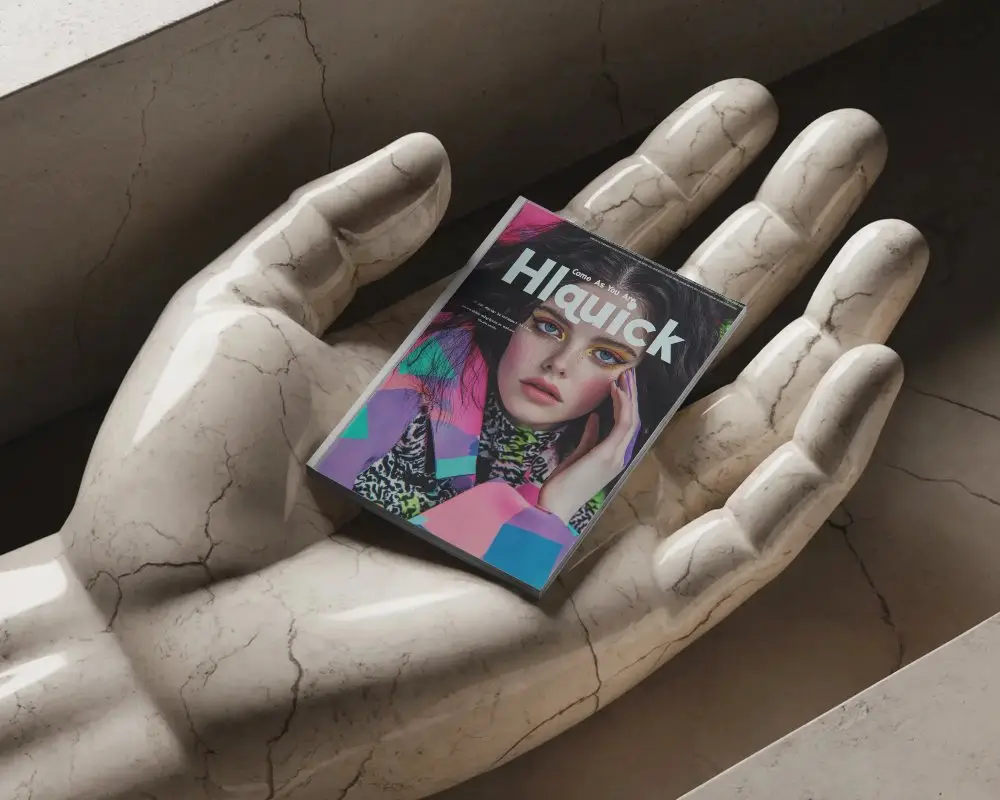 Elegant Minimalist Magazine Mockup Held In Marble Sculpted Hand For Premium Presentations