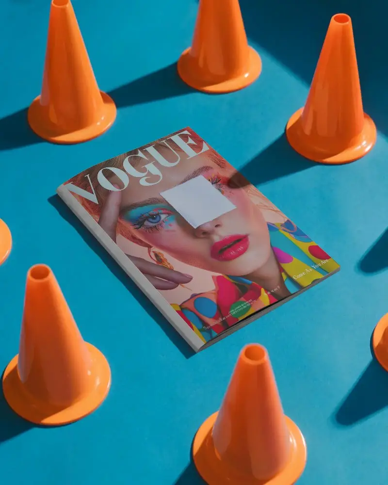 Modern Magazine Mockup With Matte Cover Surrounded By Cones For Creative Marketplace