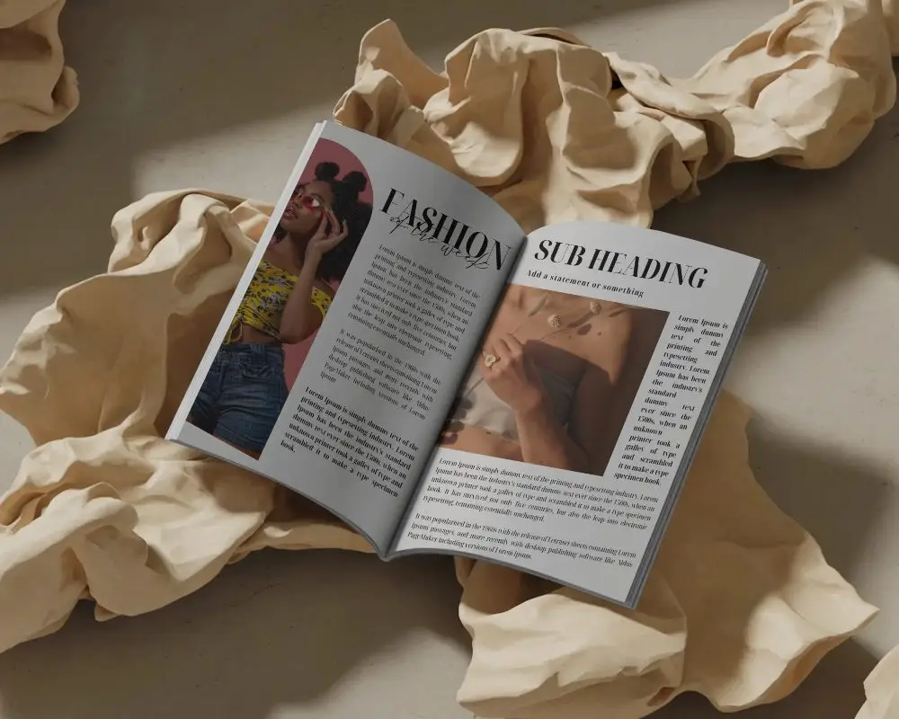 Elegant Open Magazine Mockup On Textured Fabric For Creative Content Presentation