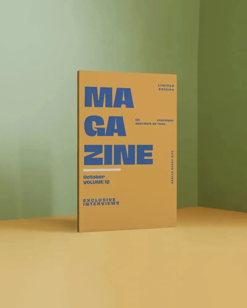 Realistic Hardcover Magazine Mockup Placed On Clean Tabletop Against Dual Tone Wall