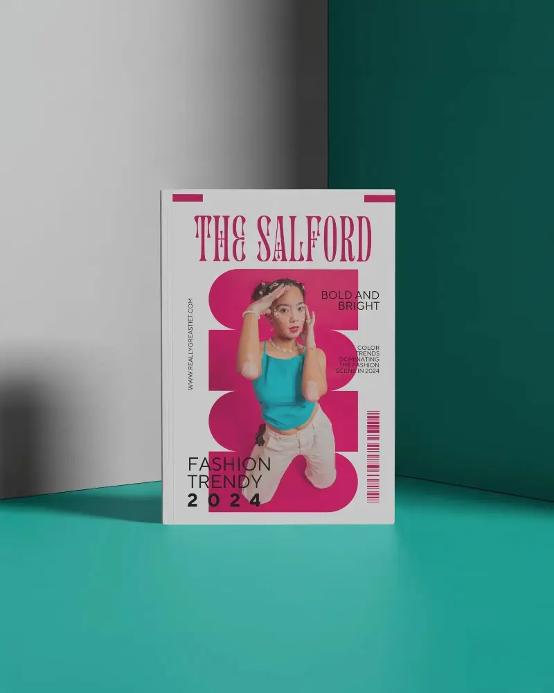 Modern Vertical Magazine Mockup Standing On Dual Tone Studio Floor With Precise Shadow Cast