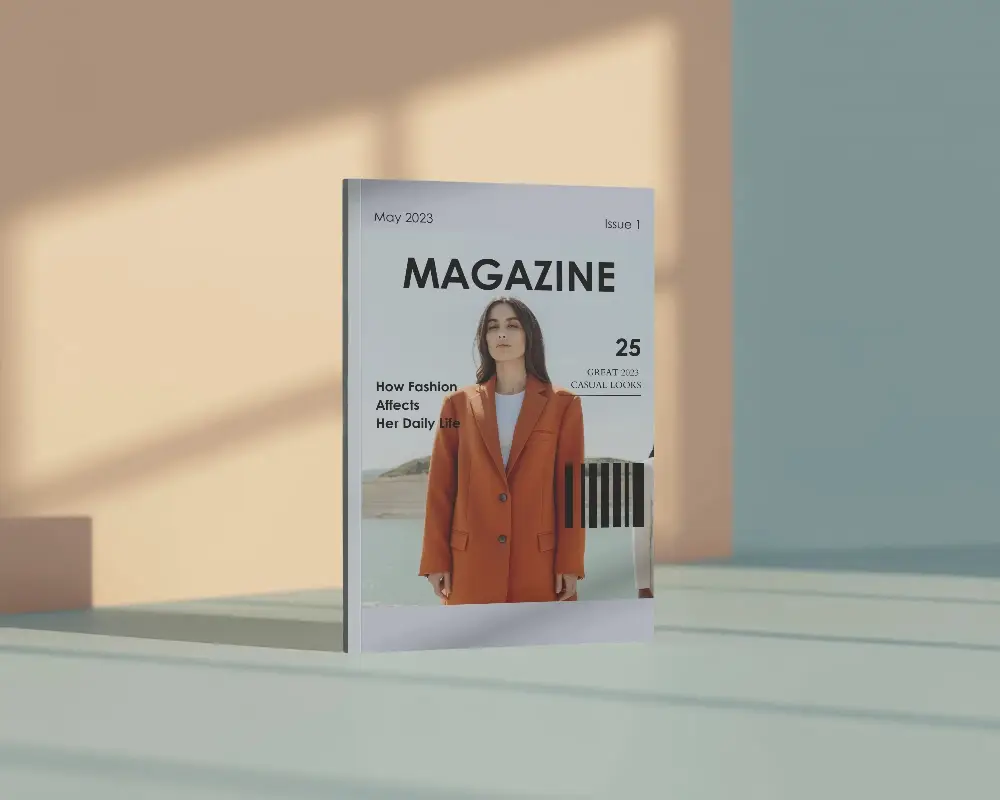 Sunlit Interior Vertical Magazine Mockup Standing On Clean Studio Surface With Window Shadow Pattern