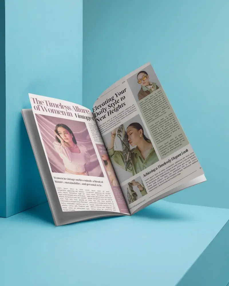 Modern Studio Open Editorial Magazine Mockup With Dynamic Page Lift And Depth Perspective