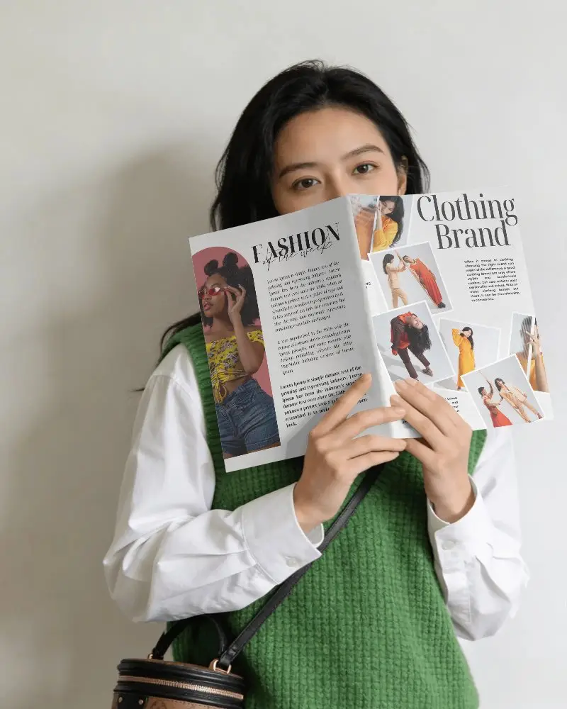 Woman Holding Blank Magazine Mockup Cover Showcasing Minimalist Reading Experience