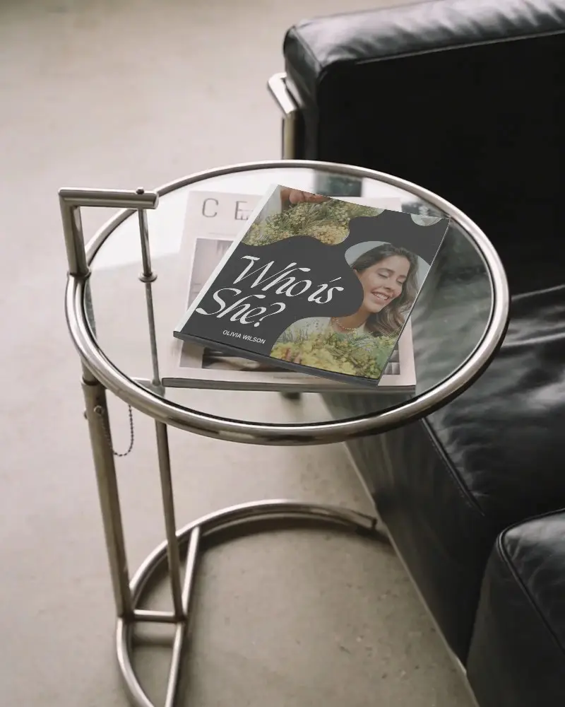 Professional Magazine Mockup Presentation On Glass Top Table Near Couch