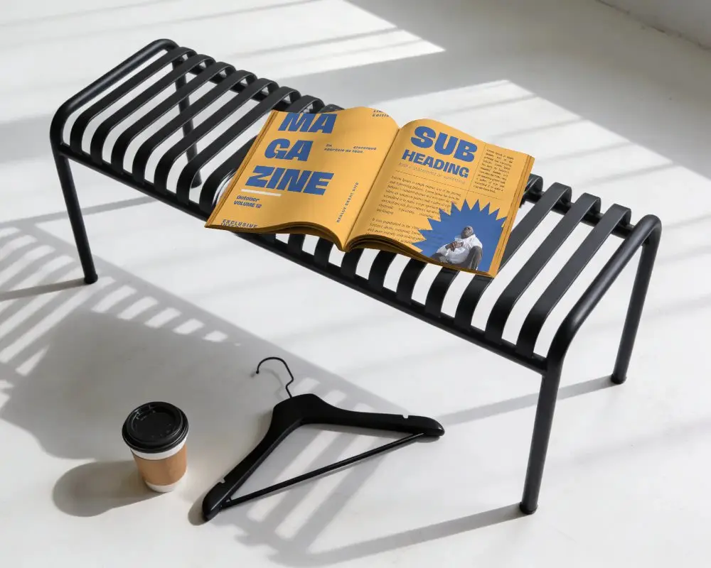 Open Magazine Mockup On Minimalist Modern Bench With Coffee Cup Hanger Shadows