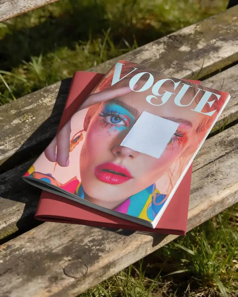 Realistic Magazine Mockup Placed On Rustic Bench With Grass Background For Presentation