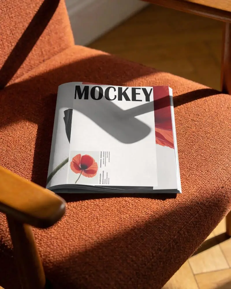 Minimalistic Magazine Mockup With Folded Pages On Textured Chair Under Natural Light