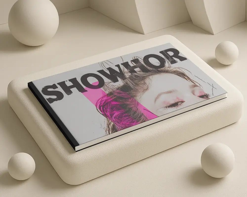 Minimalist Beige Horizontal Magazine Mockup On Soft Foam Platform With Geometric Decorative Spheres And Shadows 0300