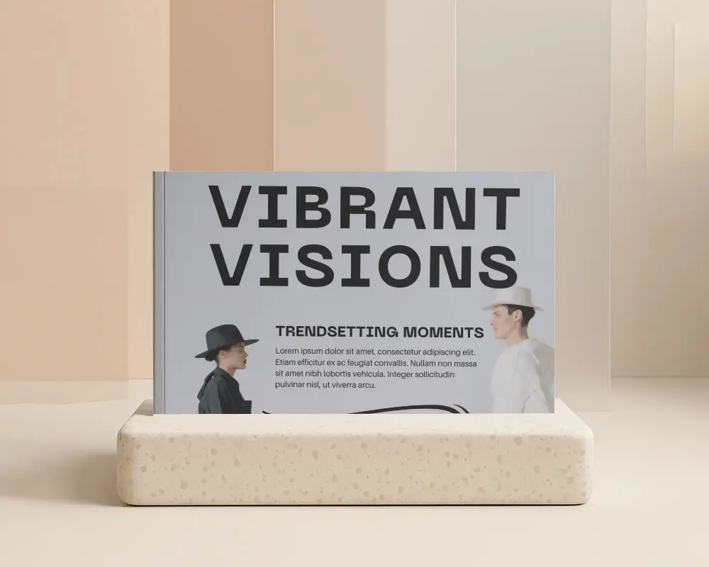 Minimalist Horizontal Magazine Mockup On Speckled Stone Base With Soft Beige Panel Background Clean Styled Flat Design 0272