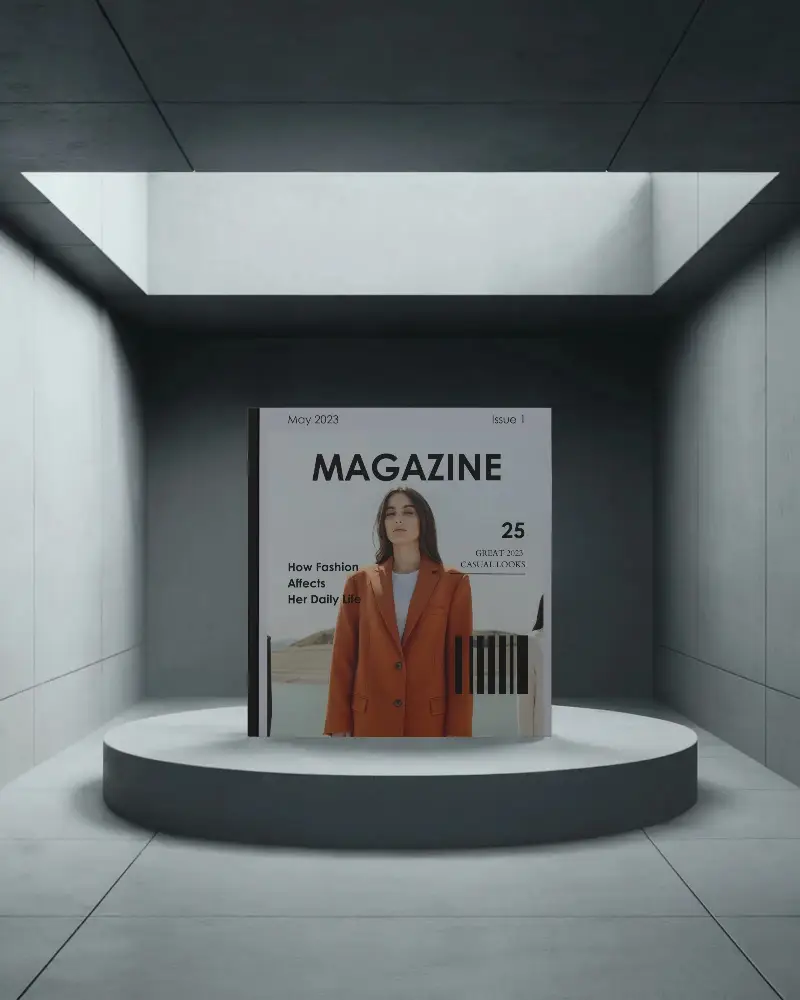 Modern Architectural Room Magazine Mockup On Round Display Pedestal Under Soft Skylight Top Lighting 0265