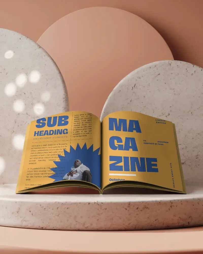 Modern Terracotta Podium Open Magazine Mockup With Stone Backdrop And Soft Shadow Lighting For Stylish Brand Presentation 0284