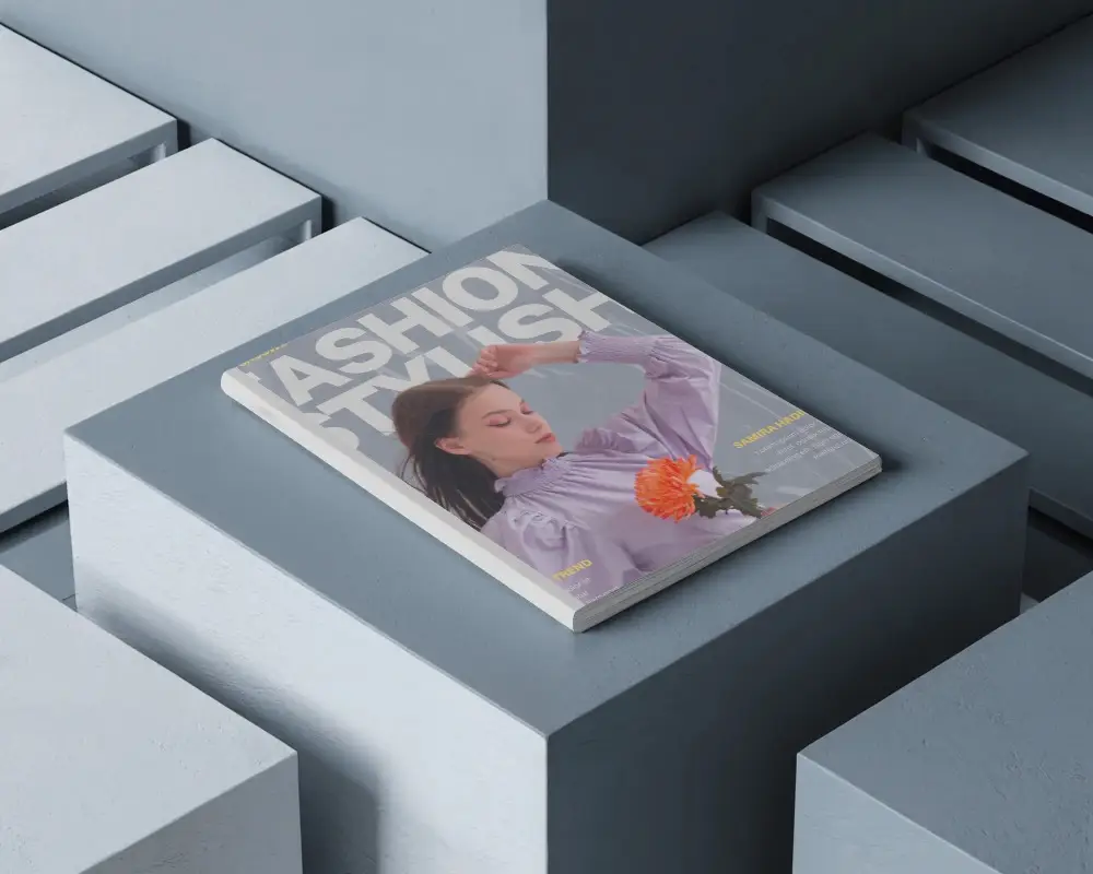 Monochrome Architectural Magazine Mockup Top View On Geometric Platforms With Cool Toned Lighting And Modern Staging 0200