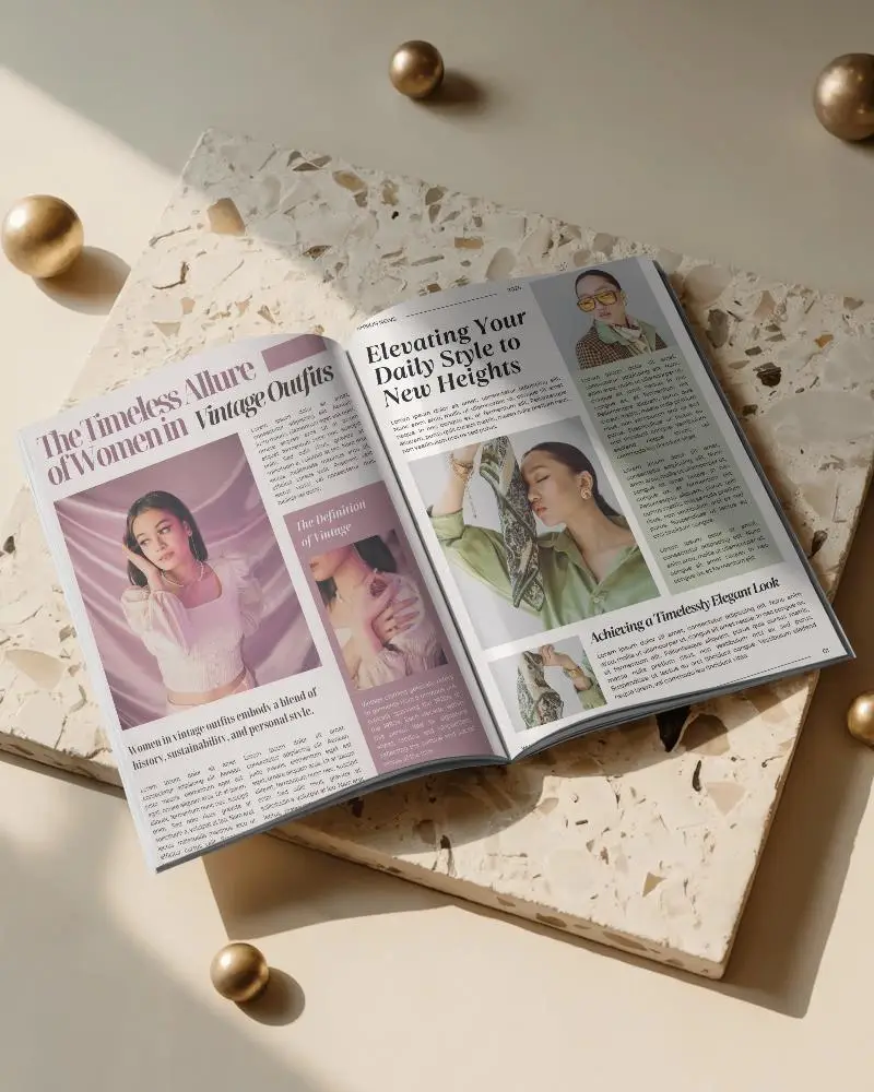 Natural Stone Platform Magazine Mockup Open Layout With Sunlight Casting Shadows On Warm Neutral Background 0274