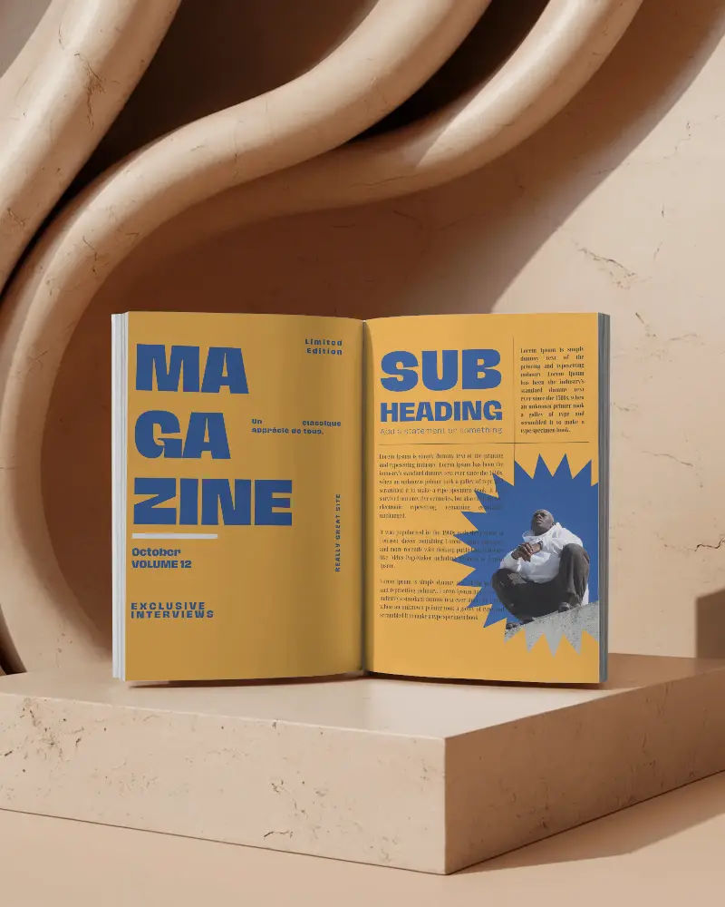 Open Double Page Magazine Mockup Resting On Marble Block In Sculptural Arched Stone Background 0257