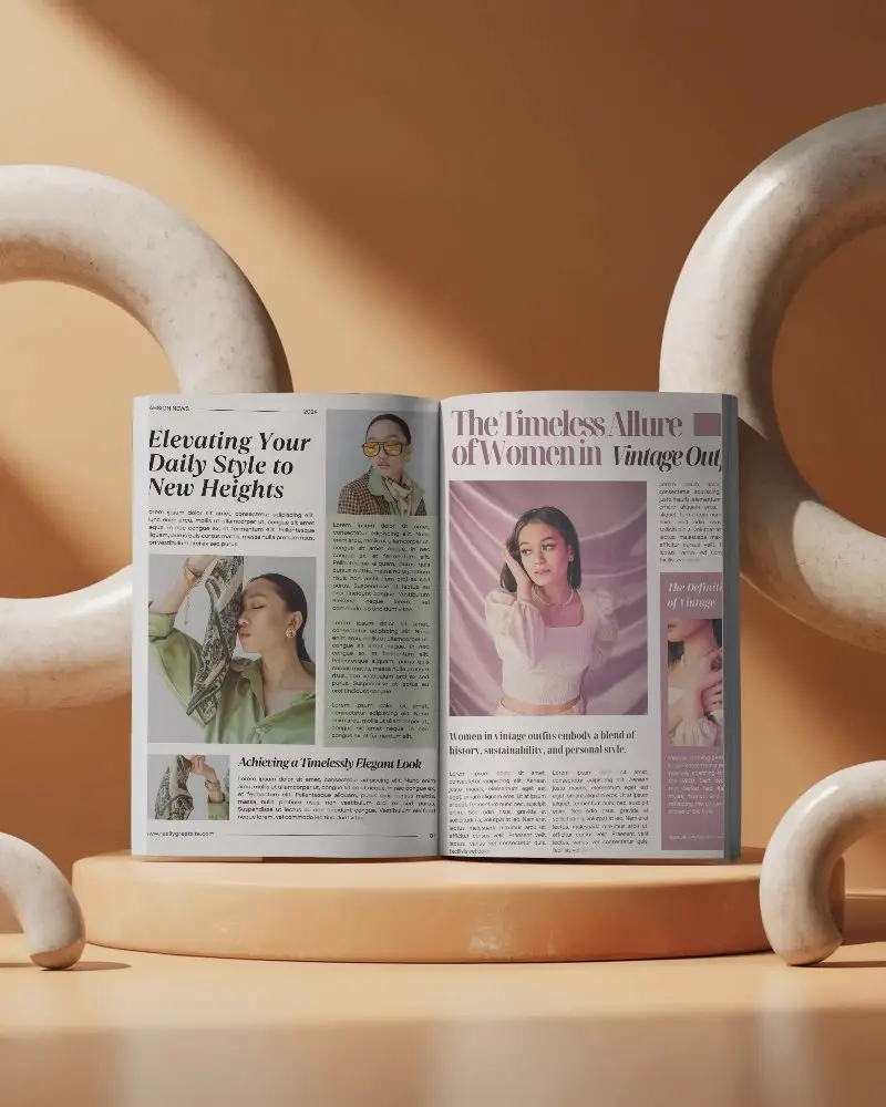 Open Magazine Mockup On Round Podium With Curved Sculptural Background And Soft Directional Lighting For Modern Design Display 0292