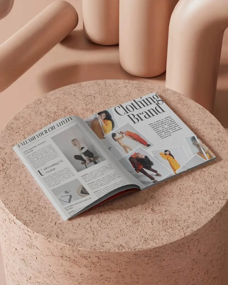 Open Magazine Mockup On Textured Round Podium With Modern Curved Background Soft Lighting And Neutral Tones For Design Showcase 0291