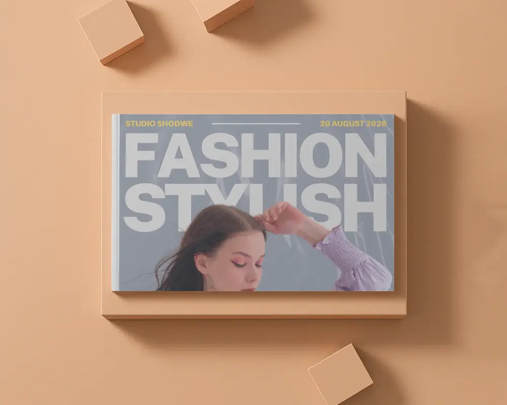 Peach Toned Horizontal Magazine Mockup Top View Minimal Shadow Casting Flat Surface With Cube Props For Editorial Design 0271