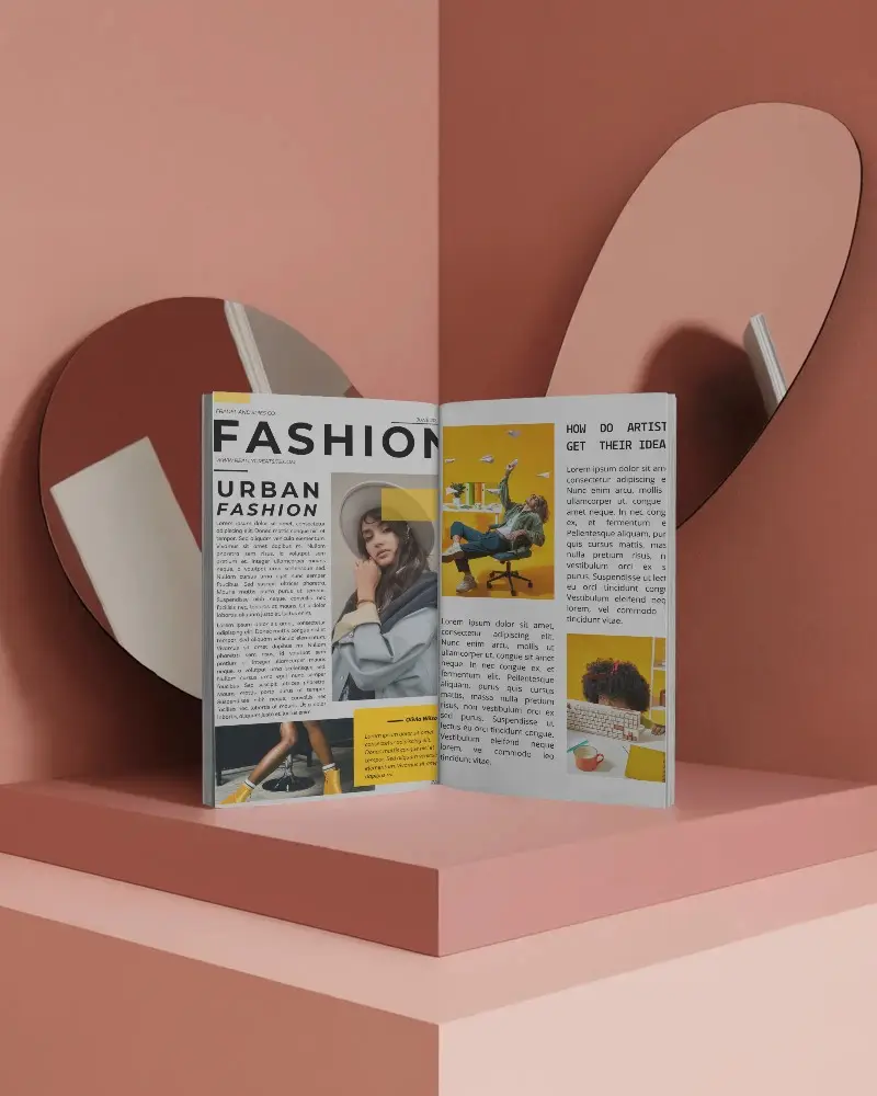 Soft Pink Corner Open Magazine Mockup On Podium With Decorative Mirrors And Muted Reflection For Modern Editorial Presentation 0285