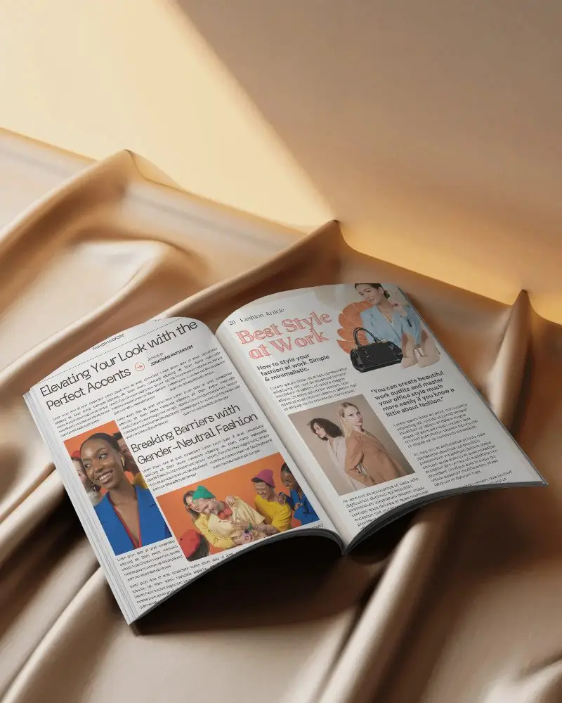 Sunlight Golden Satin Open Magazine Mockup On Folded Fabric Surface With Elegant Curves And Warm Highlights For Editorial Layouts 0281