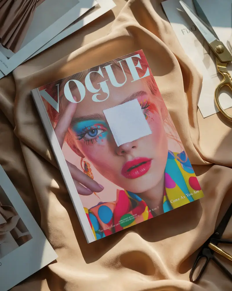 Sunlit Fashion Desk Magazine Mockup Closed Cover On Golden Satin With Scissors And Styling Elements For Luxury Design Presentation 0313