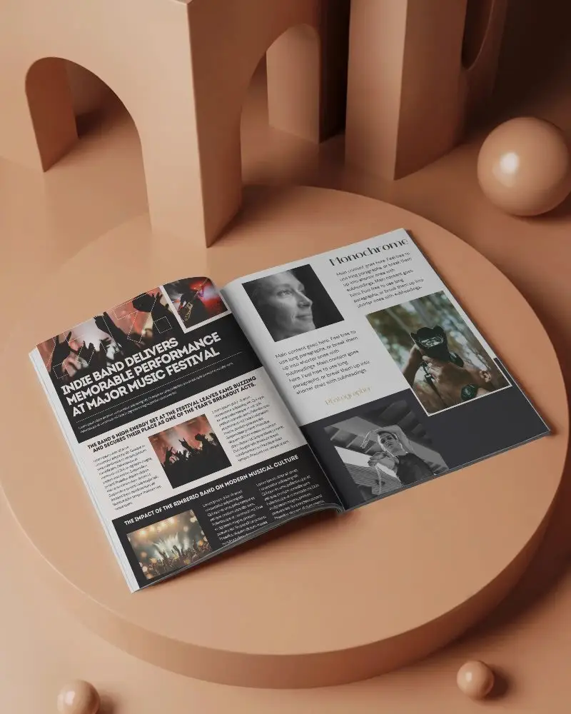 Terracotta Podium Open Magazine Mockup Double Page Layout With Arched Background And Minimalist Decor Objects For Stylish Editorial Design 0277