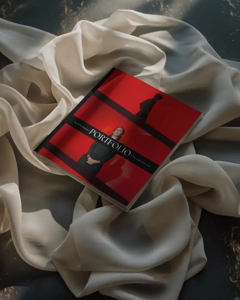 Top View Hardcover Magazine Mockup On Crumpled Silk Fabric With Dark Moody Textured Floor Soft Shadows For Luxury Design Presentation 0308