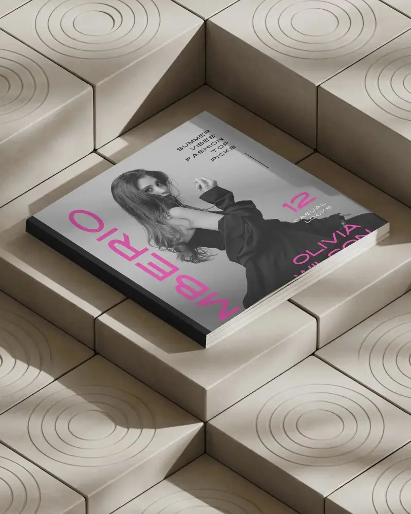 Top View Square Magazine Mockup On Sunlit Concrete Tile Platform With Engraved Circular Patterns And Soft Shadow Highlights 0288