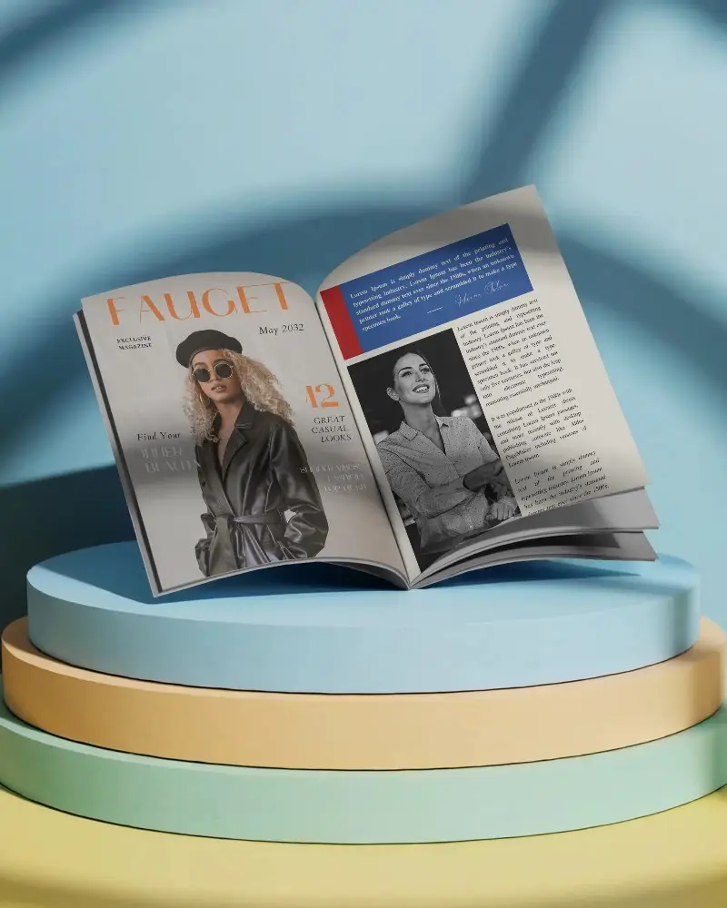 Vibrant Stage Open Magazine Mockup With Colored Podium And Soft Blue Background In Studio Lighting Setup 0305