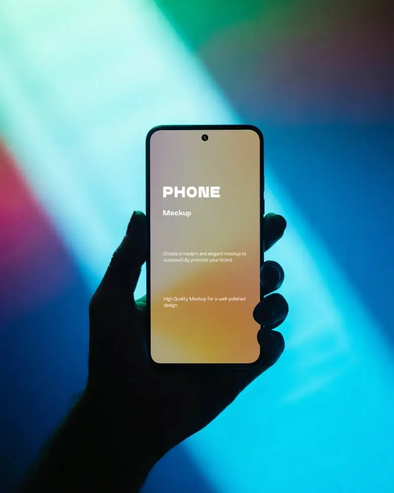 Sleek Goggle Pixel Smartphone Mockup In Hand Dark Screen With Gradient Neon Light Backdrop Perfect