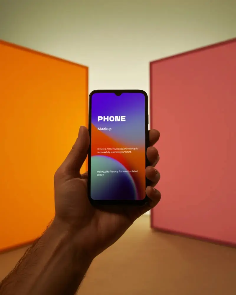 Oneplus Mobile Device Mockup In Human Hand With Minimal Color Block Background Ideal For Marketing