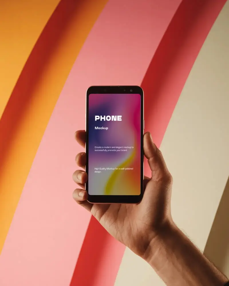 Hand Holding Mobile Samsung Phone Mockup Against Colorful Striped Background For App Display