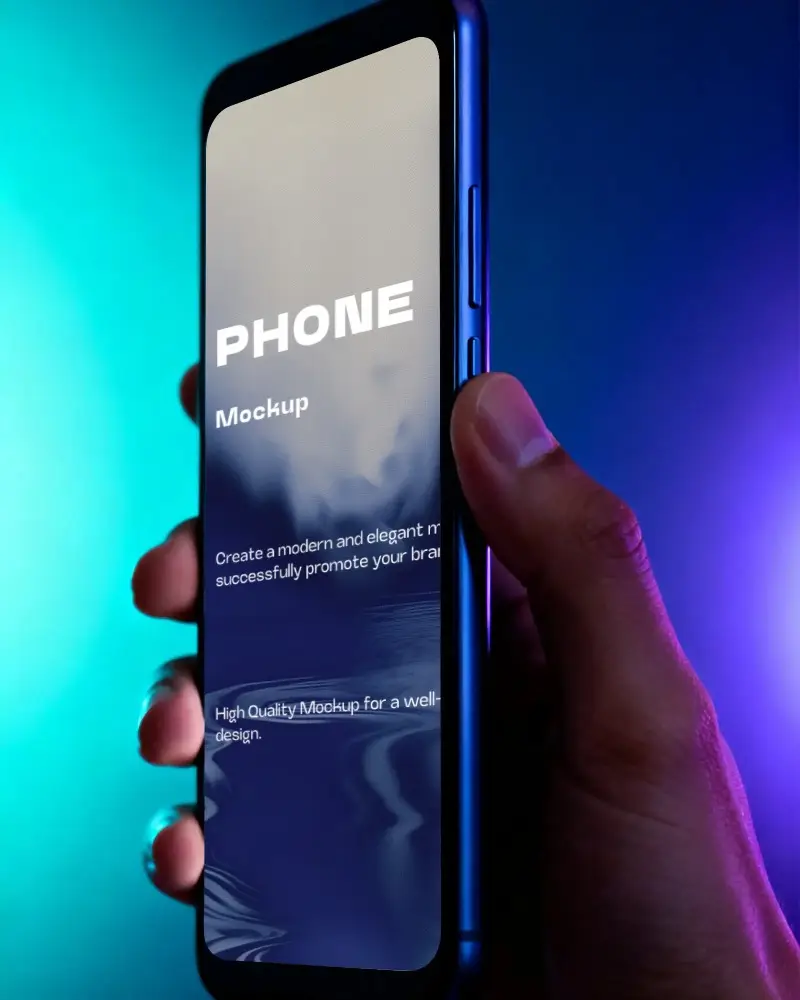 Hand Holding Modern Samsung Smartphone With Blank Screen On Vibrant Gradient Background
